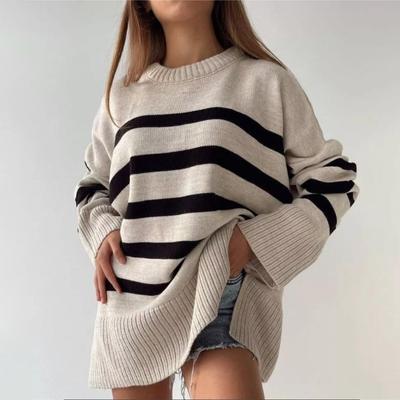 Lässiger Streifenpullover Damen Elegant Rollkragen Kontrast Langarm Damenpullover Herbst Winter Mode Damen Strickwaren