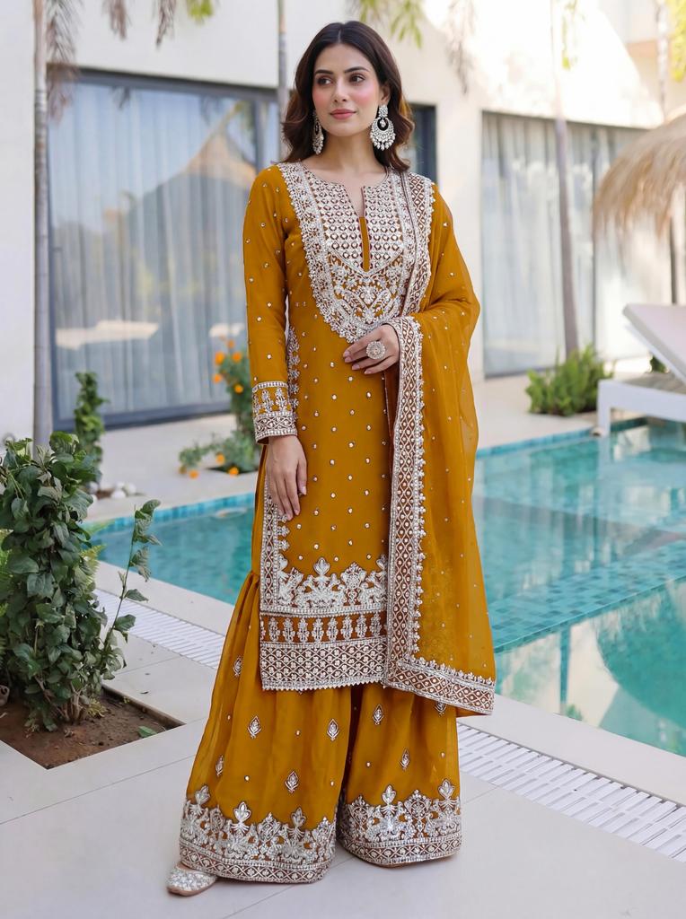 Completo da donna Sharara Salwar Designer in Faux Georgette Indian Bollywood Party Wear Salwar Kameez