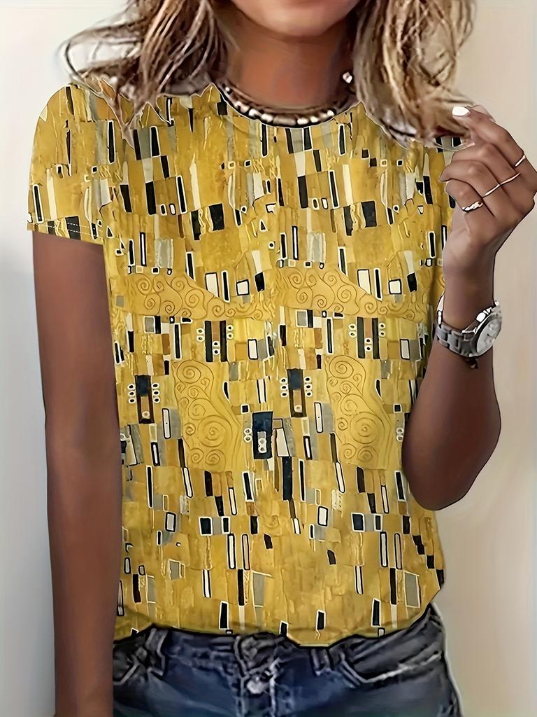 Mustard Yellow Women's Tee - Art Deco Geometric Pattern Graphic, Stylish Retro Print Design for Casual Daily Wear