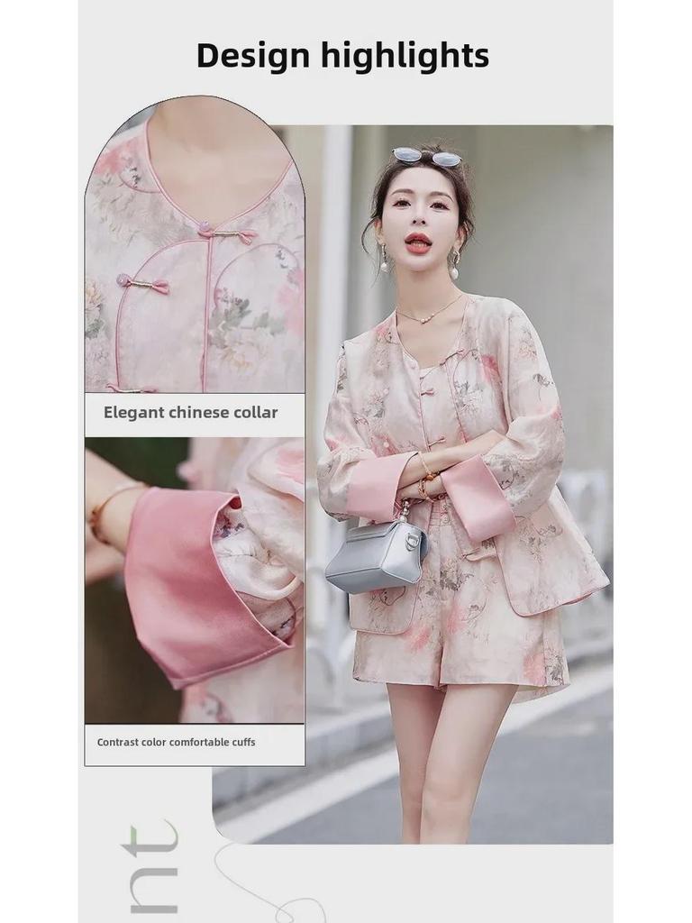 Women's Summer Chinese-Style Slim Shorts & Printed Cardigan Two-Piece Set