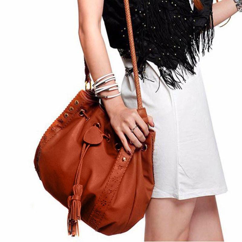 Elegant Women Bucket Shape Tassel Decorated Shoulder Cross Body Bag For Stylish Looks