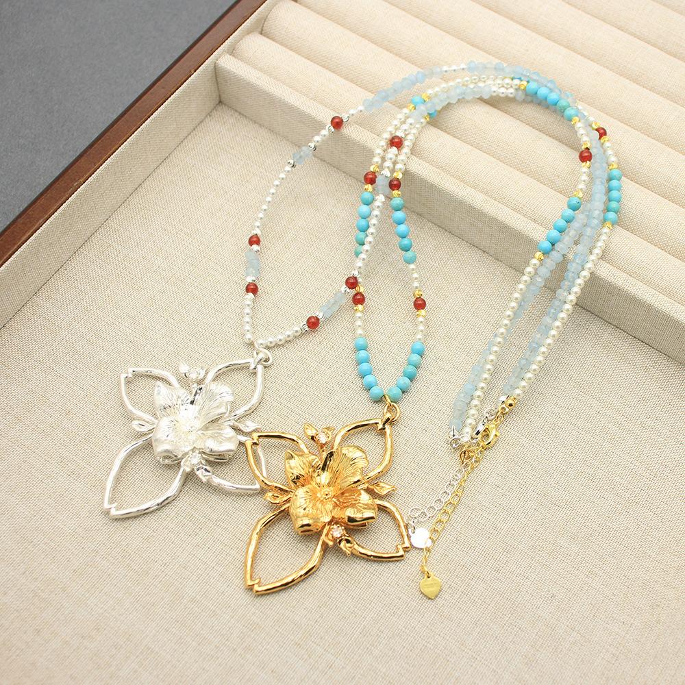 Dd Blogger Branch Shadow Long Sweater Chain Turquoise Pearl Design Early Autumn Chain Four Leaf Clover Pendant