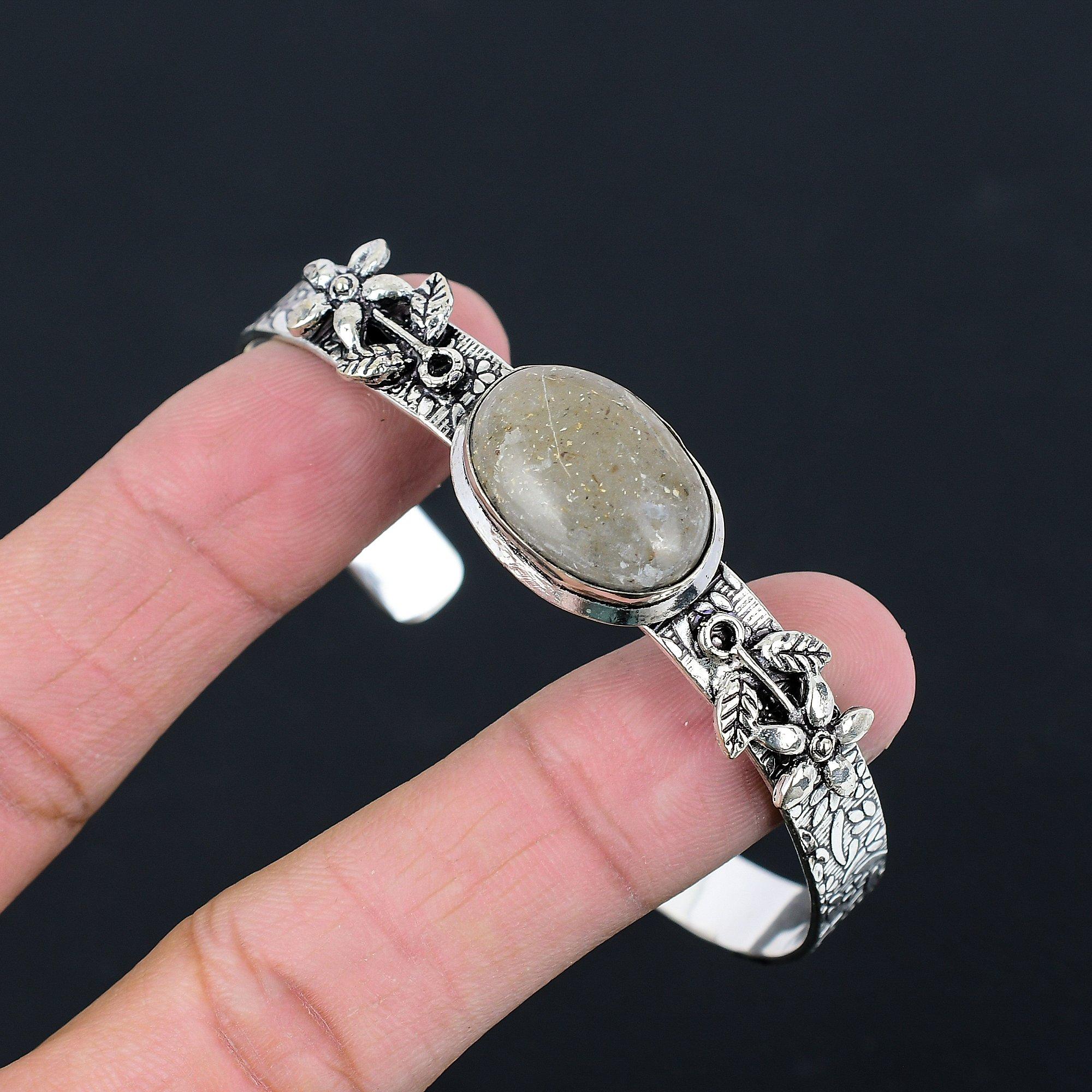 Daughters Day Deal 925 Sterling Silver Septarian Gemstone Flower Bangle Jewelry Adjustable