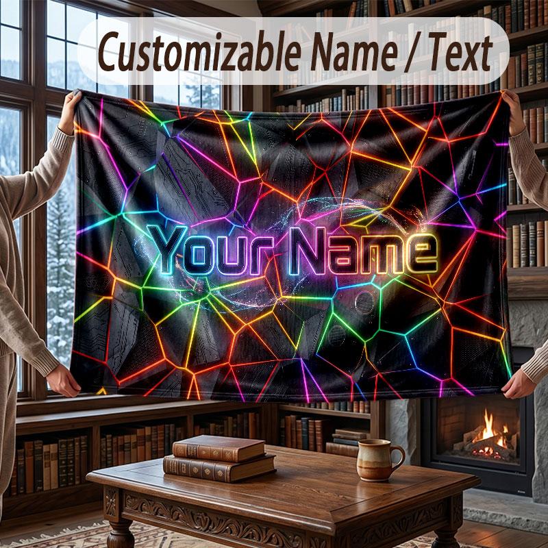 Abstract Geometric Theme Throw Blanket Custom Name Text Personalized Blanket Soft Cozy Blanket for Home Sofa Bed