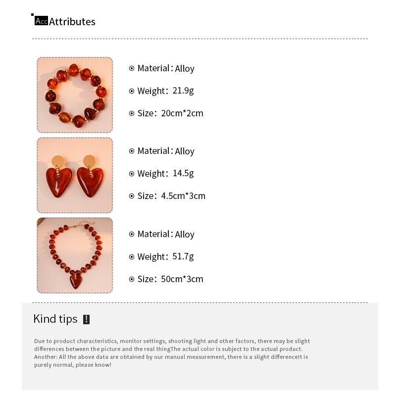 Vintage Amber Resin Heart Acrylic Pendant Earrings Necklace New Handmade Creative Geometric Bracelet Jewelry Set for Women Gifts
