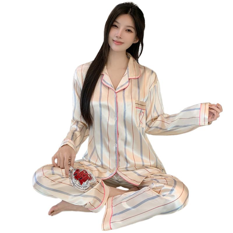 Spring 2026 Women's Pajamas Set Striped Heart Print Silk Like Two Pieces Long Sleeve Full Length Pants Trousers Sleepwear