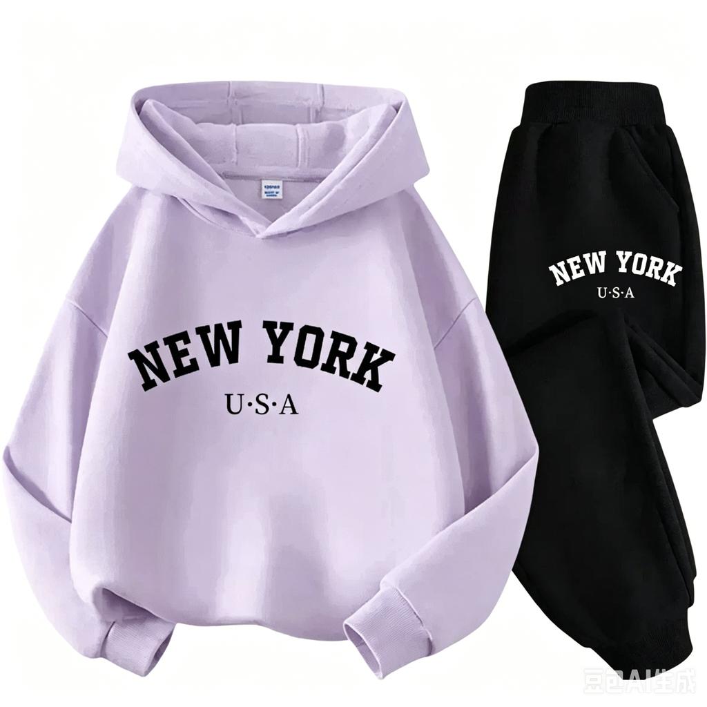 TZWYChildren Hoodie Set Autumn Winter New York USA Letter Graphic Sweatshirt Pant Suit Baby Boy Girl Kid Sport Two Pieces Tracksuit