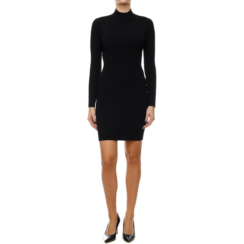 Michael Kors Einfarbiges High-Neck-Kleid mit Cut-Out, mittellang, figurbetont, langärmelig, für Damen, Schwarz MH3820933D-001