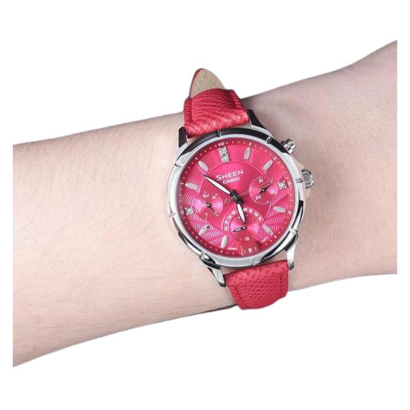 Casio CASIOSHEEN Series Waterproof Quartz Movement Leather Strap Japanese and Korean Watch Women's Watch Red Dial SHE-3047L-4A