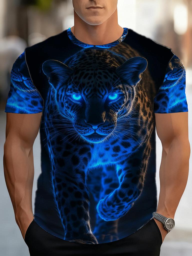 Men's Leopard Print T-Shirt - Breathable Polyester Short Sleeve Round Neck Top with 3D Print, Suitable for Casual Streetwear & Casual Attire,