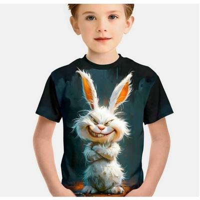 Top Estivo Girocollo con Stampa di Coniglietto Cartone Animato 3D T-shirt Bambino Ragazzo Casual alla Moda a Maniche Corte