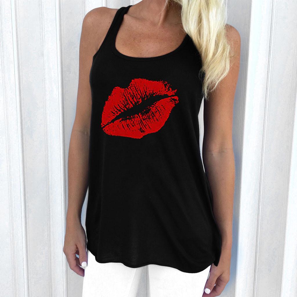 

(SU)Женская летняя футболка без рукавов с принтом губ, майка, блузка, жилет