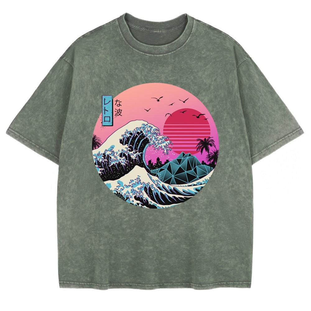 Japan Waves Printed Washed T-Shirts Mens Cotton Oversized T Shirt Summer O-Neck Short Sleeve Tops Basic Soft Clothes