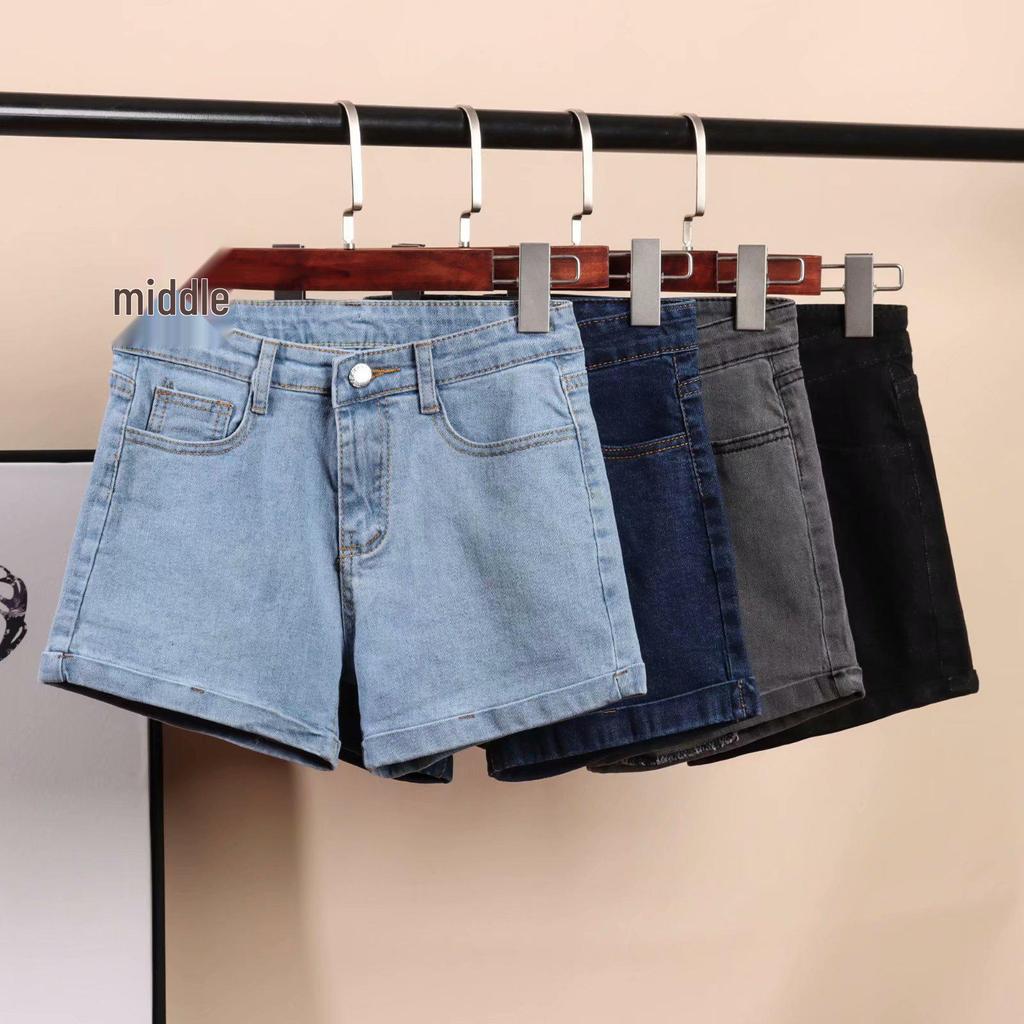 Women's High Waist Black Denim Shorts - 2025 Korean Style, Elastic, Slimming, Rolled Hem, Trendy Summer Hot Pants