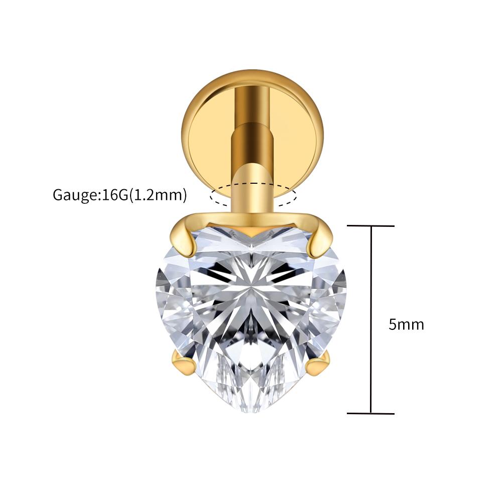 Titanio Genuino ASTM F136 Calibre 16G Corazón CZ Labret Roscado 3mm/4mm/5mm CZ Cartílago Tragus Hélice Stud para Nariz Joyería para Piercing