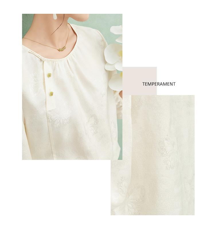 Mulberry silk 100% [24mm jacquard bamboo knot flower ivy] round neck slanted collar butterfly jacquard shirt summer
