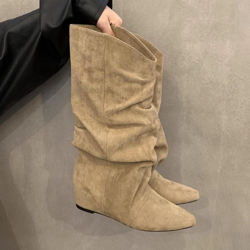 Women Flats High Boots Suede Casual Winter Shoes 2025 Trend New Knee High Chelsea Snow Boots Pleated Botas Woman Zapatos