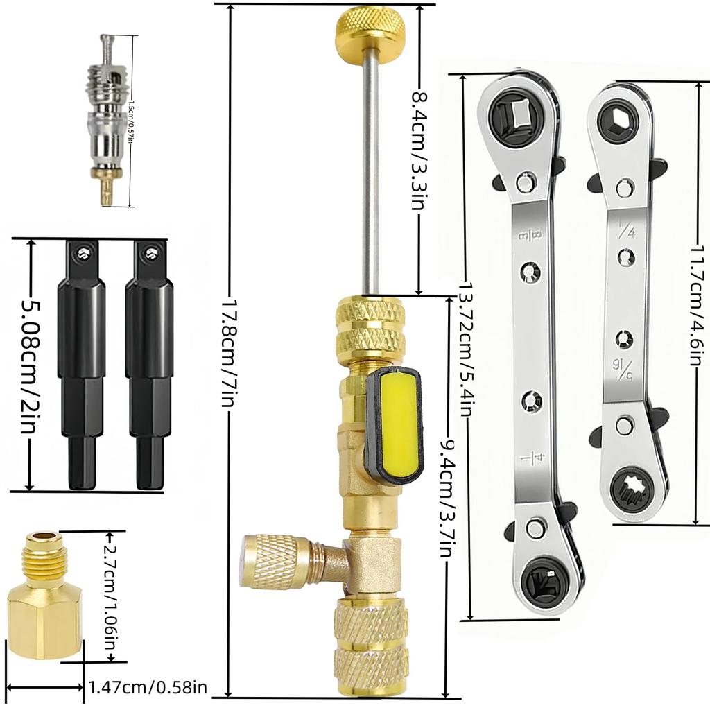 Spool remover installation tool and HVAC wrench set with hex position adapter, dual size port, 10pcs spool