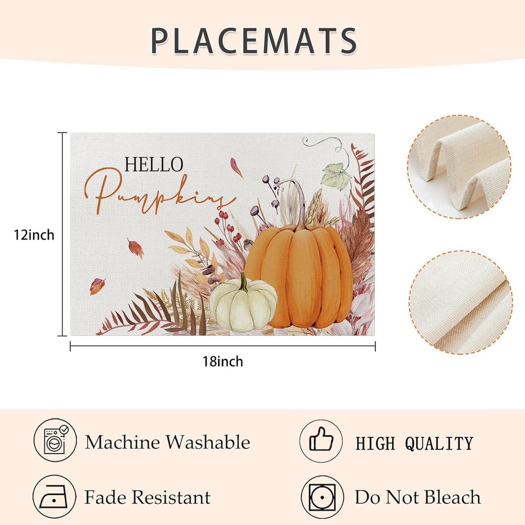 ONFAON Fall Decorations for Home,Fall Placemats Set of 4,Orange Hello Pumpkin Leaves Washable Table Dinner Mats for Autumn Farmhouse Home Kitchen
