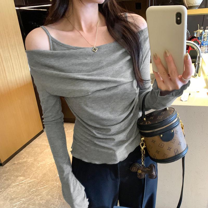

2026 Trendy Women s One-Shoulder Spaghetti Strap Layered Long Sleeve Top Medium хізер сірий колір