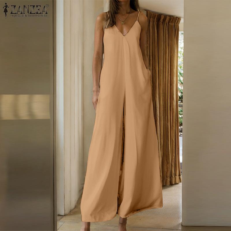 ZANZEA Damskie kombinezony vintage z dekoltem w serek, bez rękawów, kieszeniami i szerokimi nogawkami