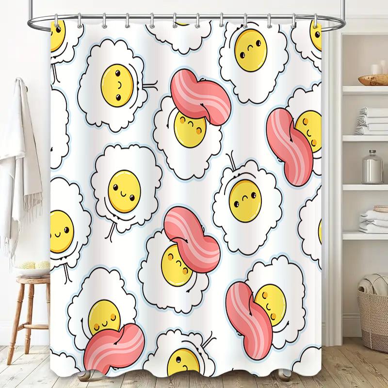 Adorable Kawaii Cartoon Bacon And Egg Shower Curtain For Bathroom Decor White With Pink And Yellow Accents (Size: 72X84 Inches)