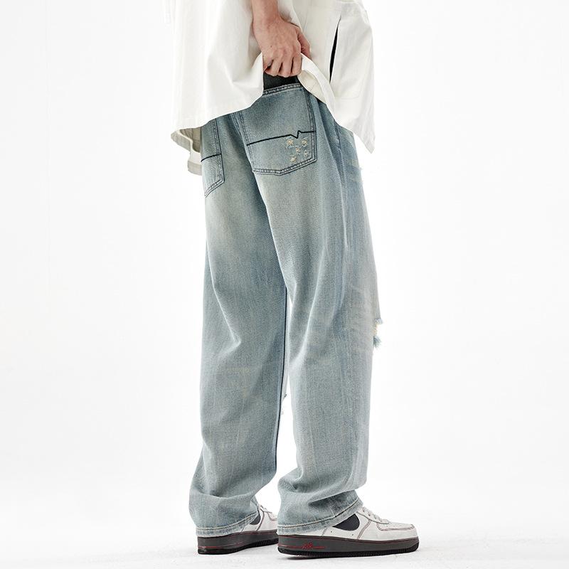 American Retro Wide-leg Pants New Straight Trendy Brand Ripped Holes Fashion Street Trend Loose Jeans Men's Pants