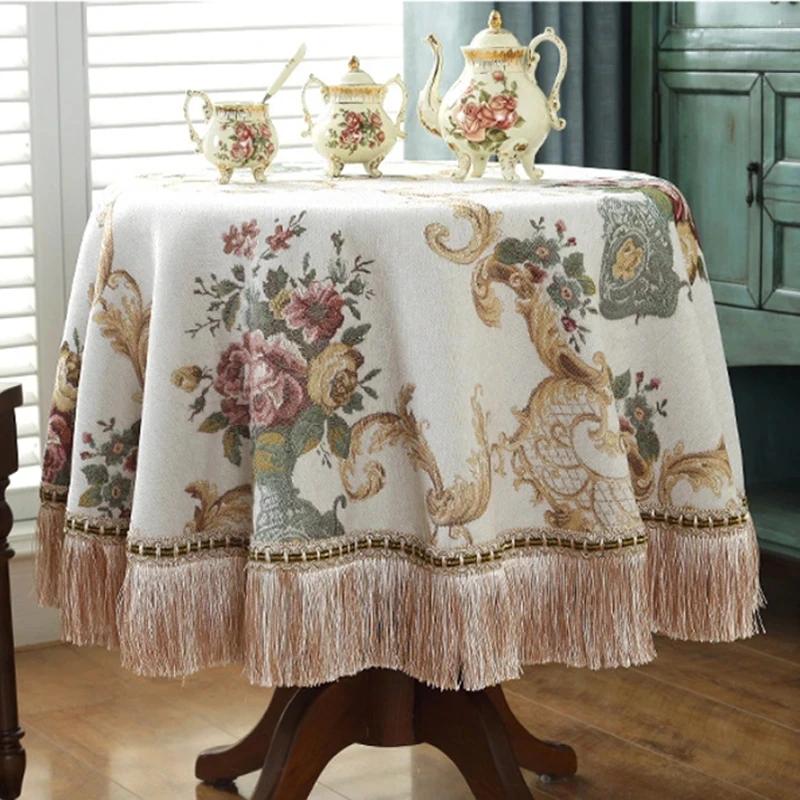 European Luxury Round Tablecloths Rose Jacquard Dining Table Cloth Tassels Retro Chenille Table Cover Wedding Party Events Home