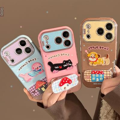 INS Embroidered Puppy Phone Case for iPhone 17 16 Pro 15 Pro Max 11 12 13 14 Cover with Stand Fashion Protective Cover