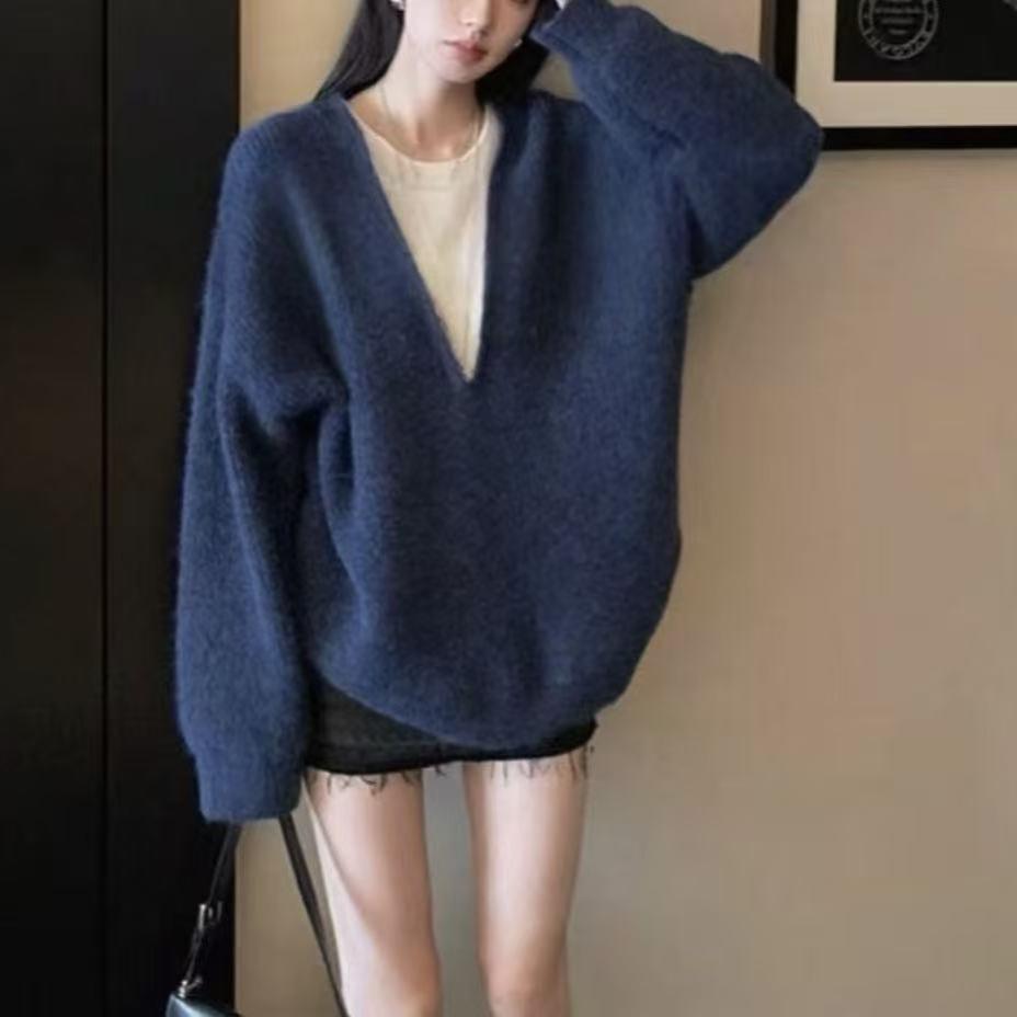 Fake Two-piece Pullover Sweater Women's Autumn and Winter New Lazy Wind Soft Waxy Crew Neck Knitted Sweater Top