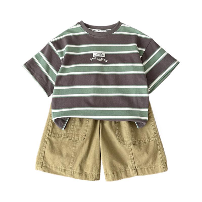 2025 Summer Boys' Pure Cotton Striped T-Shirt Set - Short & Half Sleeve Options