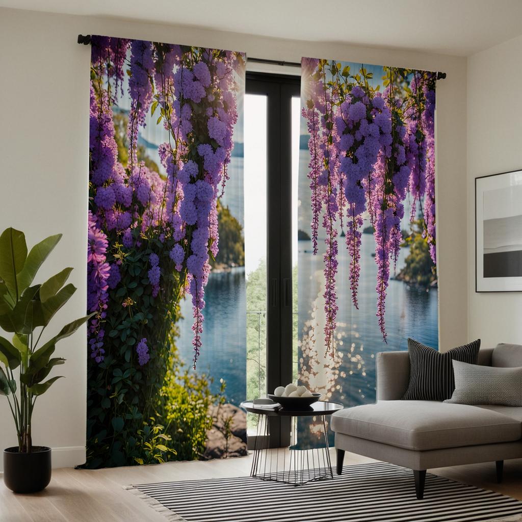2pcs set HD lakeside Wisteria flower landscape decorative curtain Purple tie digital printed curtain Home Decoration style De