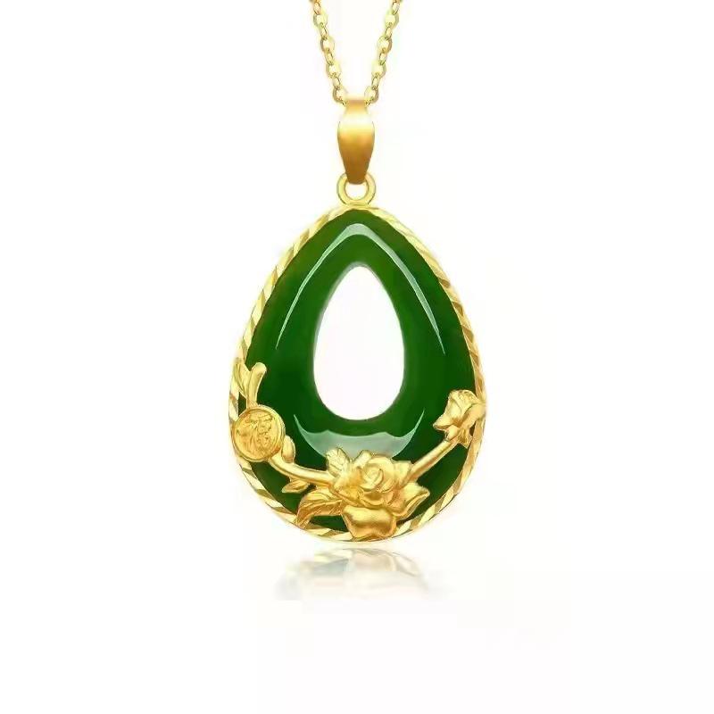 Gold-Plated Teardrop Jade Pendant & Peony Rose Necklace - Symbol of Wealth & Prosperity, Perfect Gift for Mom.