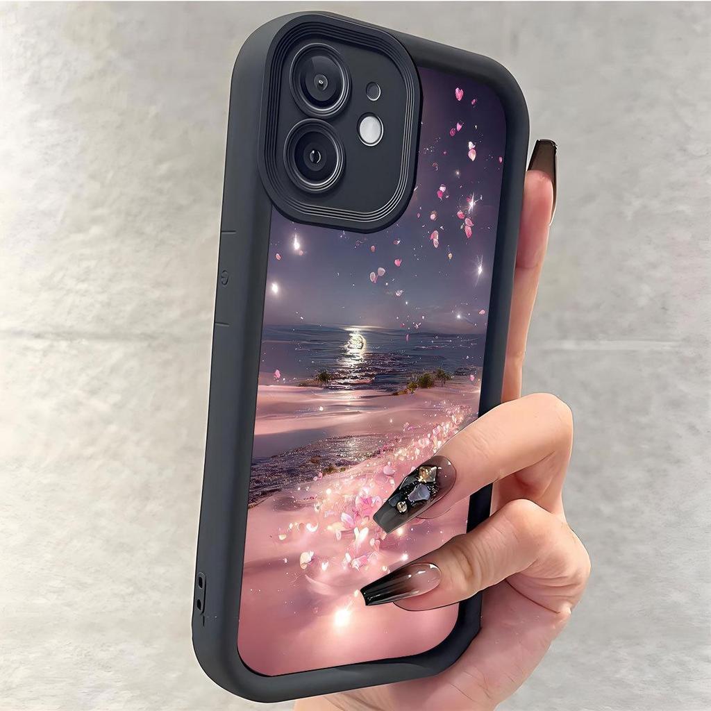 Seaside Flower Petal Road Black Concave Groove Phone Case for iPhone 14/15/16/17 Pro Max