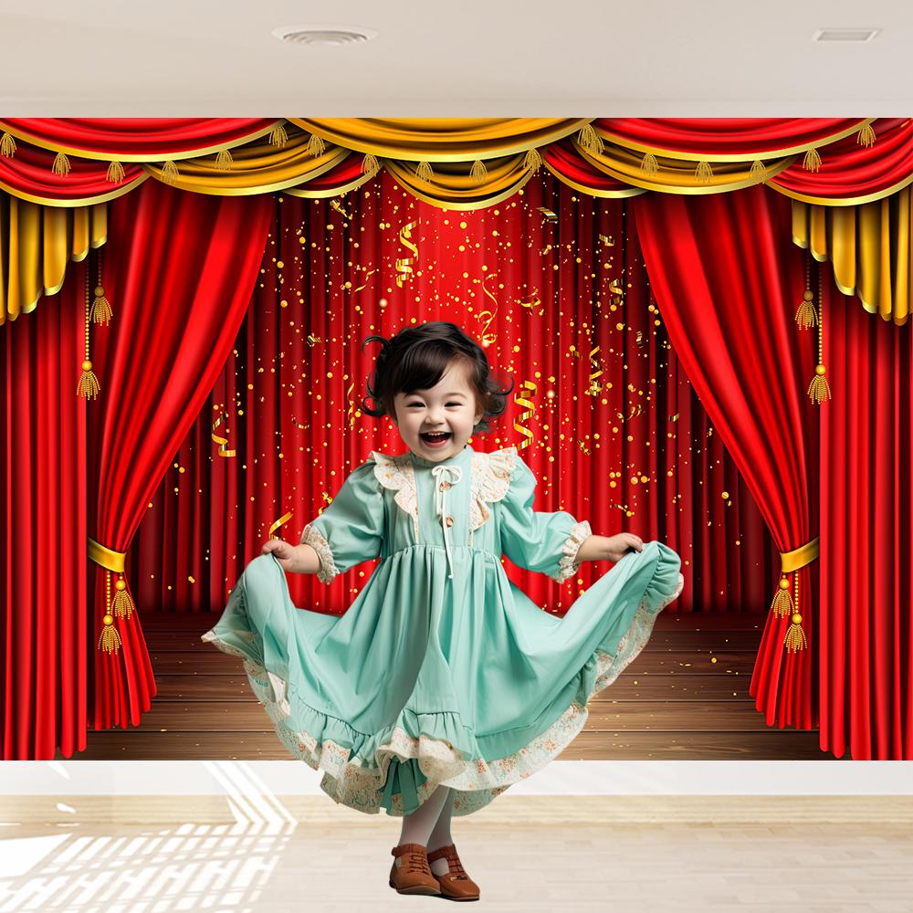 Czerwona kurtyna teatralna, tło imprezowe, światło sceniczne, sklep, urodziny, ślub, fotografia imprezowa, dekoracja tła, studio fotograficzne