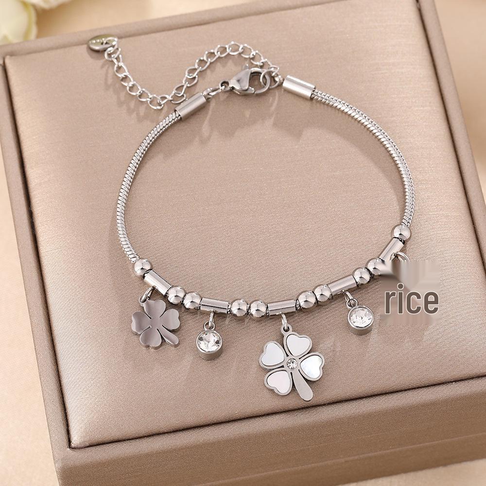 Luxe Titanium Staal Vierbladig Klaver Armband in Koreaanse Stijl met Ingelegde Diamanten voor Vrouwen - Kleurvast