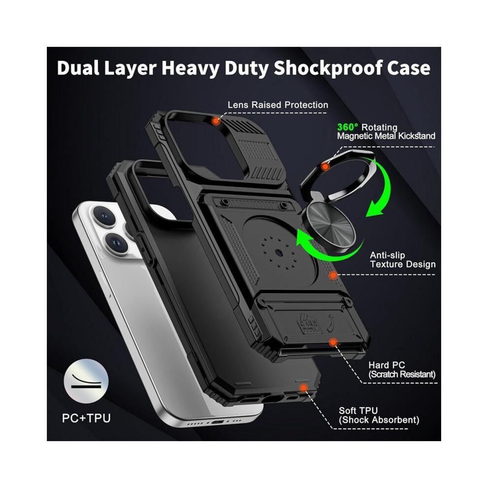 (Black) Shockproof Armor Hard Case Cover with Wallet Credit Card Slot & Ring Stand Function, Anti-fall Phone Cover, Phone Case
