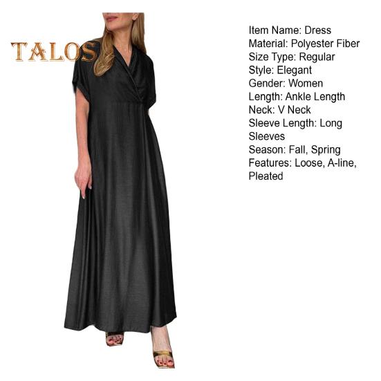 Spring Women Dress V Neck Short Sleeve Loose A-line Pure Color Ankle Length Maxi Dress Pleated Prom Party Dating Dress