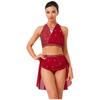 S-XXL Women's Dancewear Set: Sleeveless Halter Ruched Crop Top & Sparkly Rhinestone Irregular Hem Skirt with Built-in Briefs for Lyrical Performance
