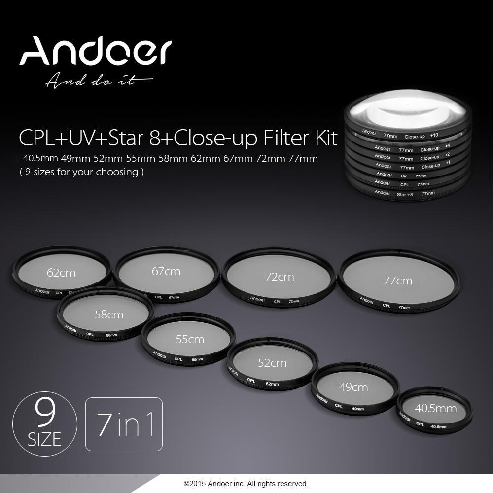 Andoer 58mm UV+CPL+Star8+Close-up (+1 +2 +4 +10) Photography Filter Ultraviolet Circular-Polarizing
