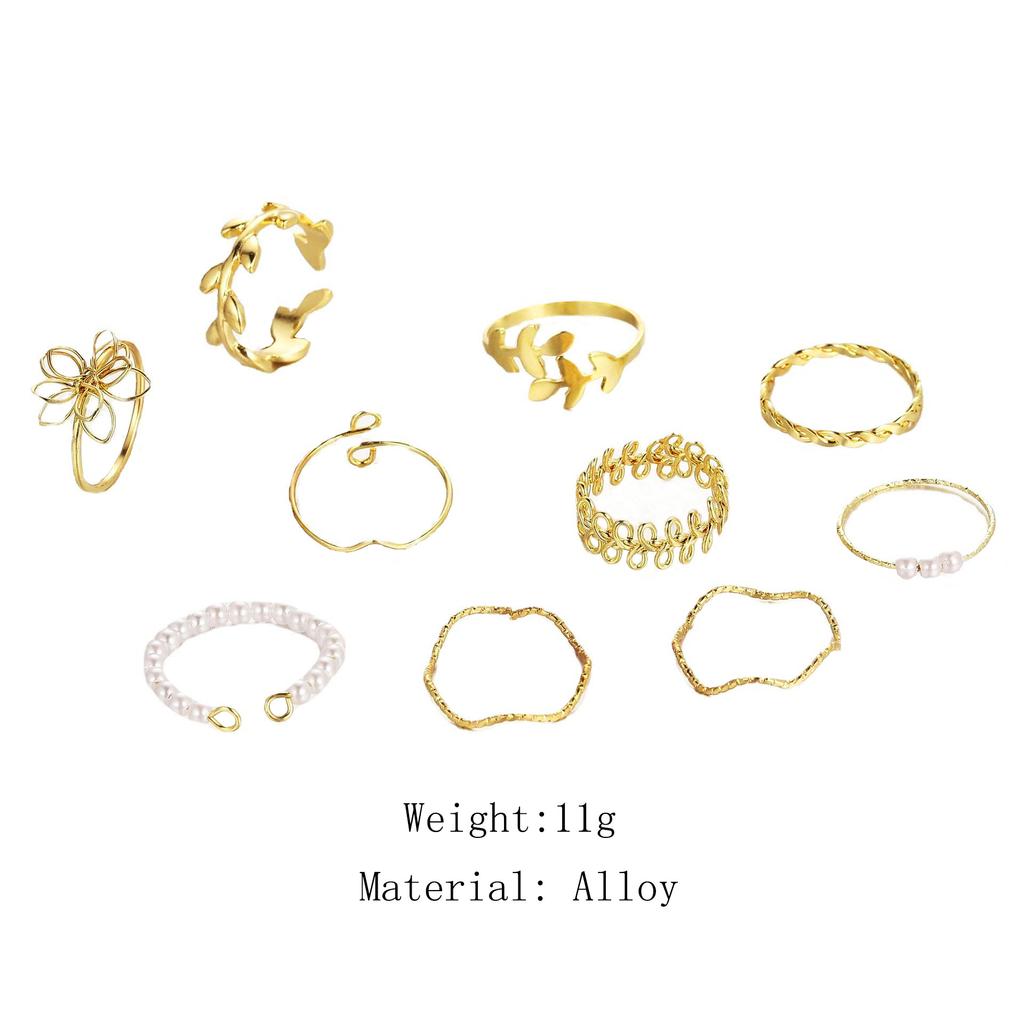 10Pcs Imitation Pearl Leaf Flower Rings Set For Women Rhinestone Butterfly Finger Ring Metal Knuckle Finger Ring Jewelry