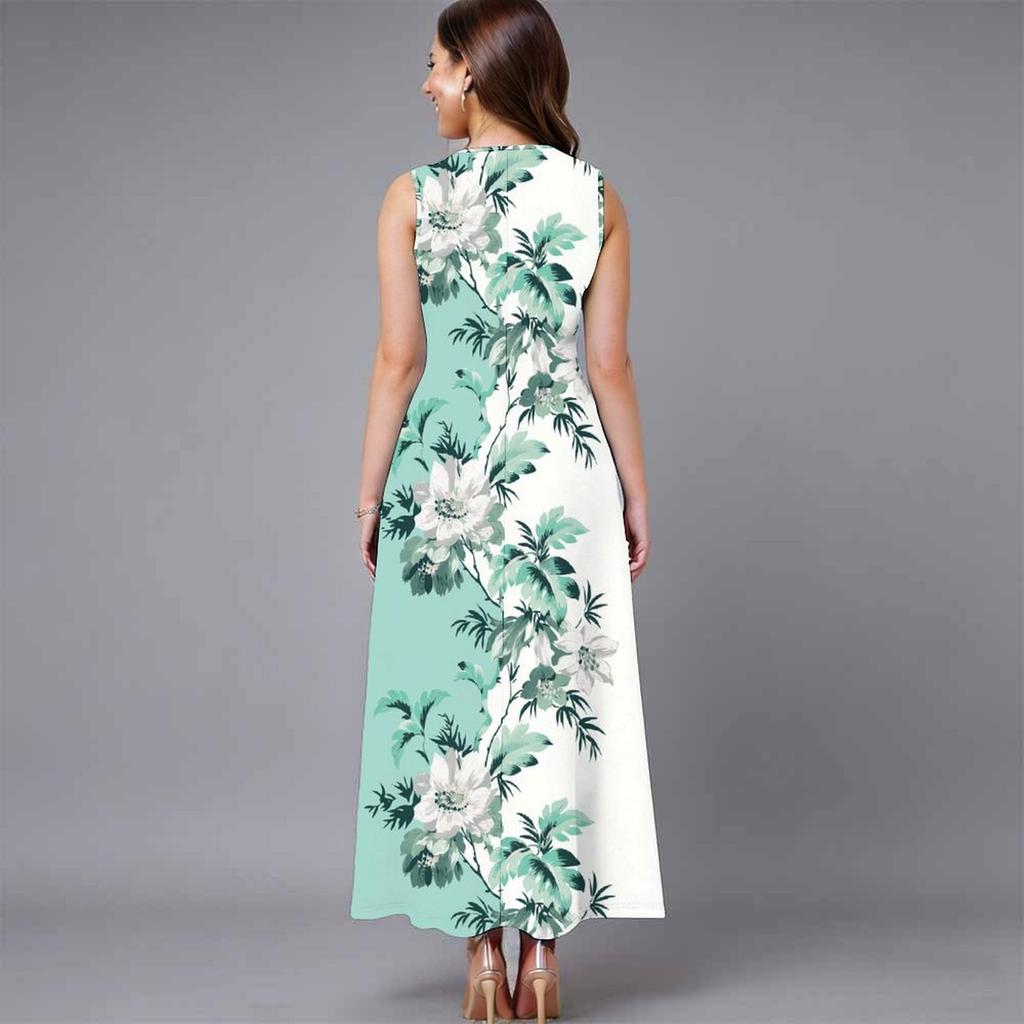 Ladies Oversized Sleeveless Crew Neck Dress Tropical Floral Printed Relaxed Midi Dress