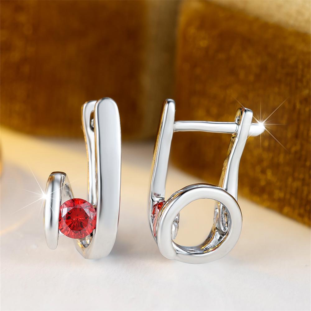 Round Stone Red Crystal Zircon Geometric Hoop Earrings For Women Vintage Silver Color Ear Buckle Wedding Jewelry Engagement Gift