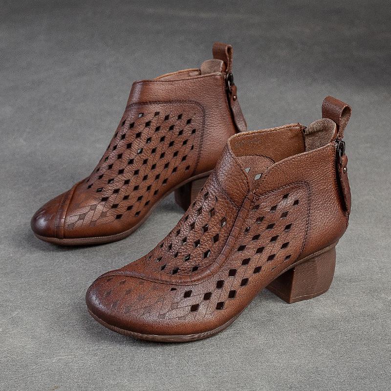 Johnature Hollow Out Boots Round Toe Breathable Back Zipper Genuine Leather Sandals Retro Mid Heel Women's Shoes