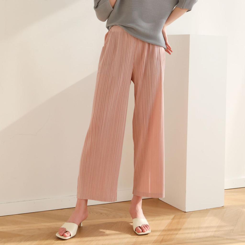 Woman Loose Pleated Pants Solid Slim High Elastic Loose Wide Straight Simple Casual Style Summer Cropped Trousers