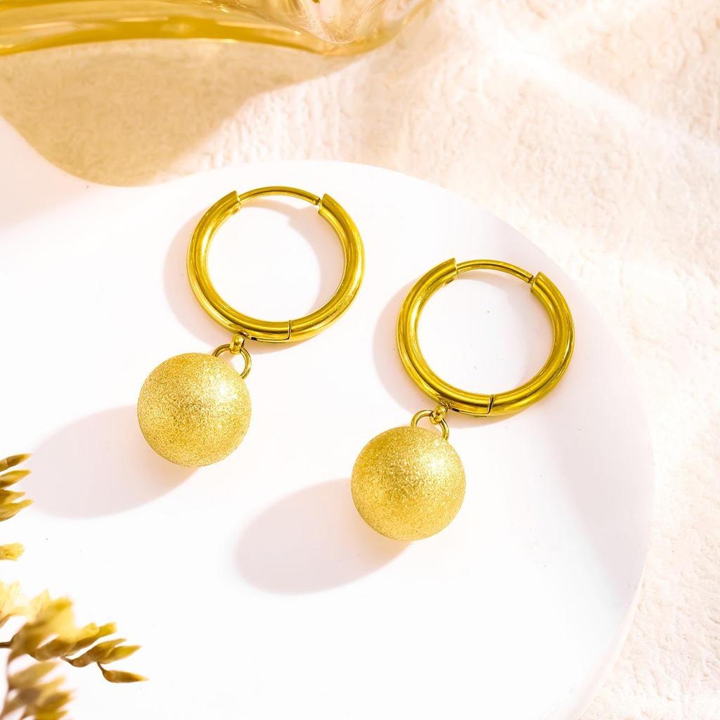 Frosted 10mm Round Bead Earrings for Women - Stylish European American Titanium Steel Ear Cuffs