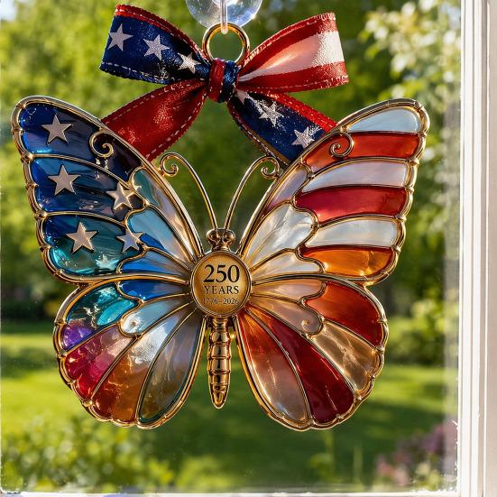 Yousheng Independence Day Patriotic Hanging Decoration, Butterfly Hummingbird Cat Bell Ornament for 4th of July, USA 250th Anniversary Stained Glass