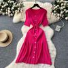 Xiaoxiangfeng foreign style fashionable round neck short-sleeved metal buckle waist knitted dress women's summer thin sweater long dress