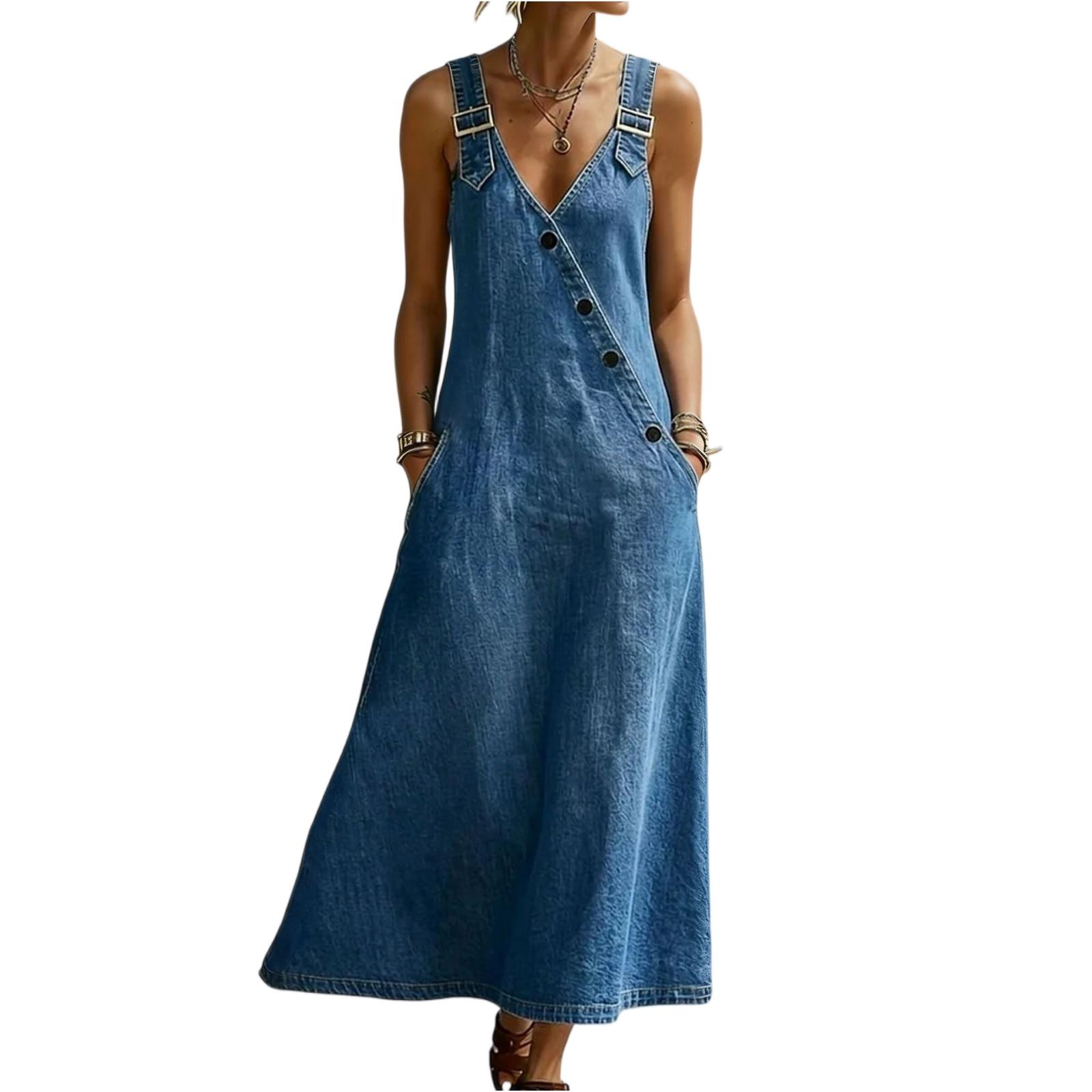 

Women Vintage V Neck Denim Overall Dress Loose Fit Sleeveless Long Jean Dress with Adjustable Straps and Side Buttons L