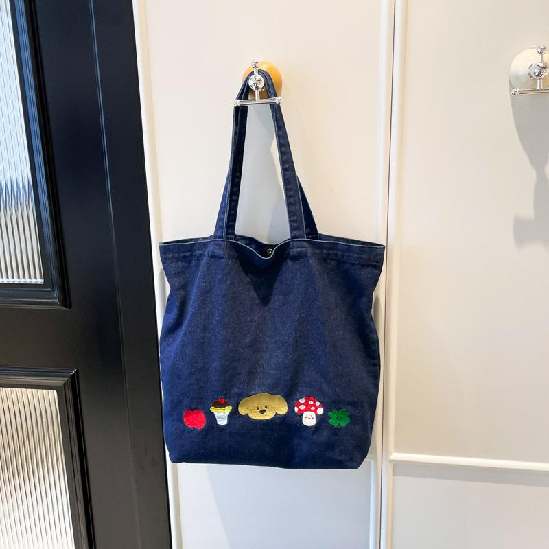 Korean Version Washed Denim Shoulder Bag Casual Cute Embroidered Puppy Tote Bag Large Capacity Student Retro Commuter Bag